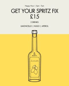 Sprtiz Poster with a limoncello bottle graphic on a yellow background.