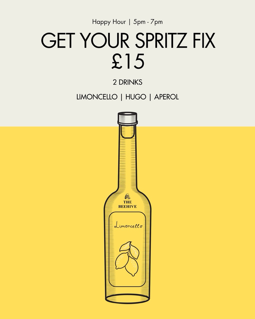 http://Sprtiz%20Poster%20with%20a%20limoncello%20bottle%20graphic%20on%20a%20yellow%20background.