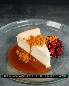 Vanilla cheesecake with caramel sauce, biscoff crumb and a berry compote.