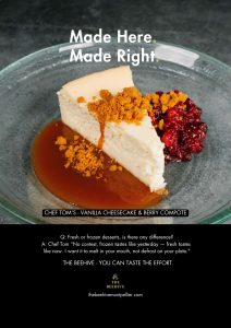 Vanilla Cheesecake with caramel sauce, biscoff crumb and a berry compote.