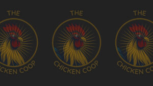 Brand logo: stylized rooster inside a gold circle with the words 'The Chicken Coop' on a dark background (repeated across the image)