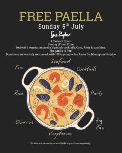 Poster advertising a free paella event with a large 'FREE PAELLA' title and an illustrated paella pan, plus date and venue details are shown above the image.