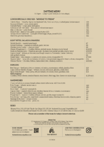 Daytime menu page with sections for Lunch Specials, Light Bites, Burgers, Sandwiches on a beige background