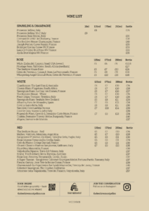 Wine list menu: sections for Sparkling & Champagne, Rosé, White, and Red with prices for 125ml, 175ml, 250ml, and bottle.